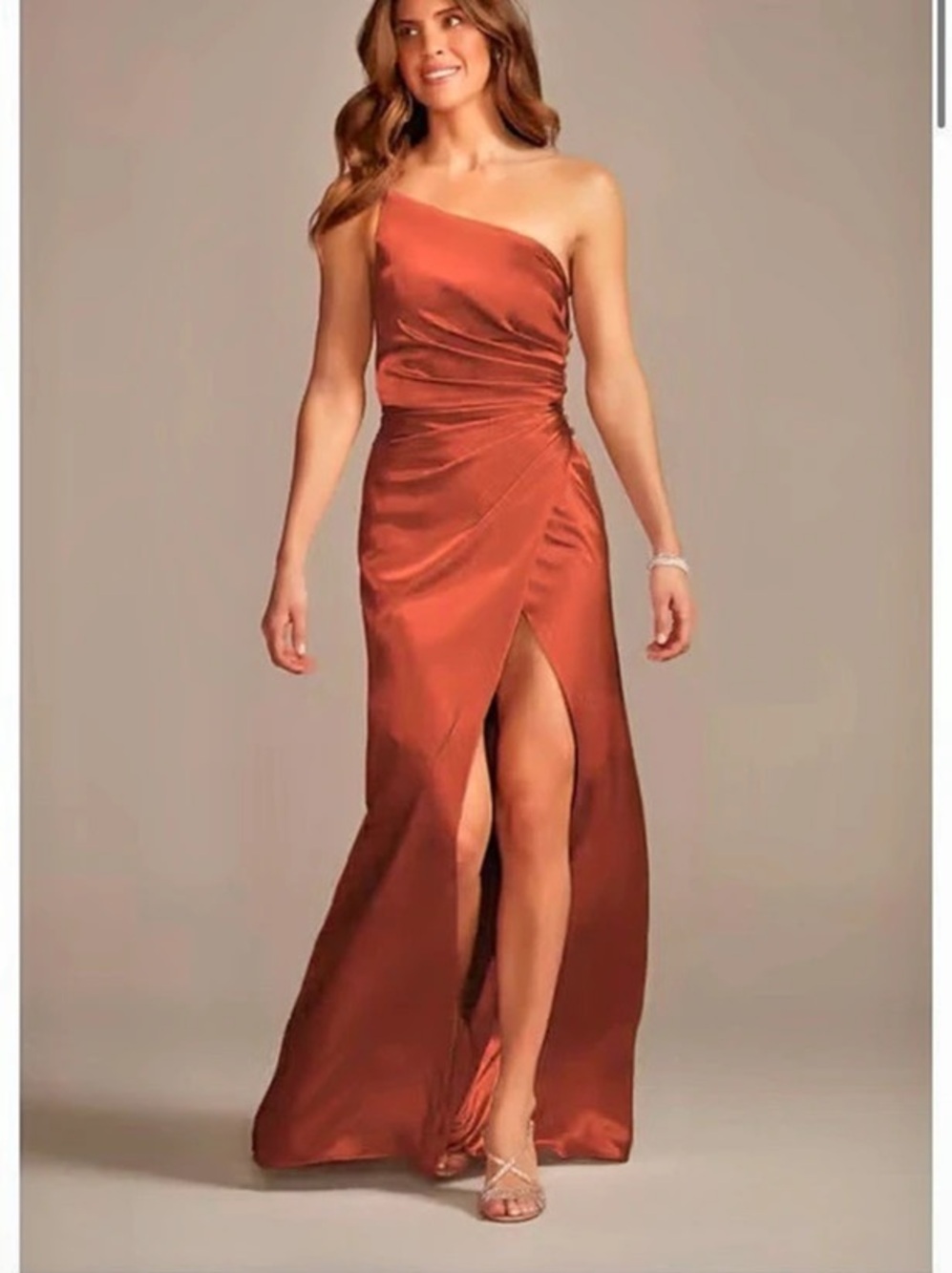 David's Bridal One-Shoulder Bridesmaid Dress in Cinnamon / Satin